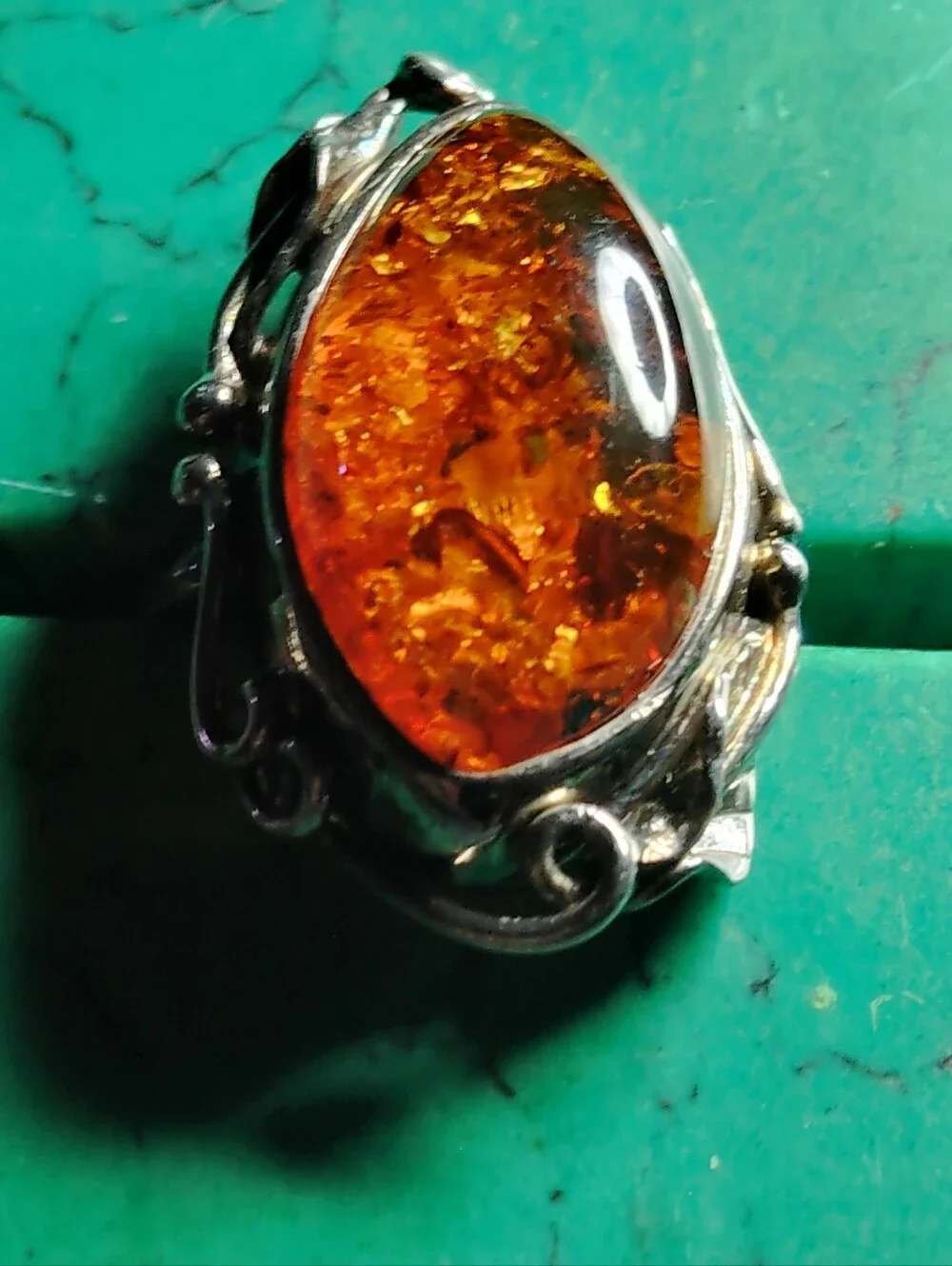 🔥GORGEOUS BALTIC AMBER ELONGATED, & ORNATE SOLID STERLING SILVER RING. SIZE. 6
